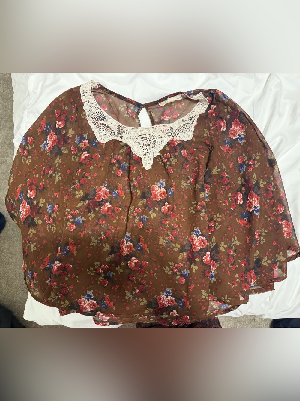 Derek Heart Brown Floral Sheer Blouse with Cream Crochet Collar
